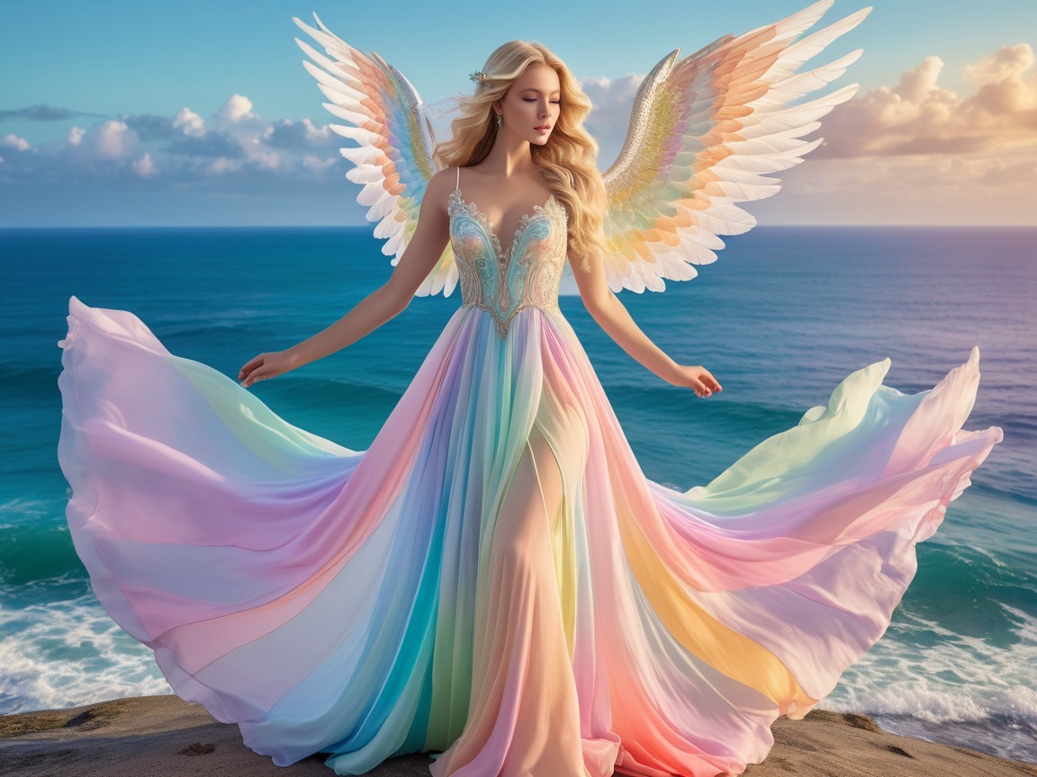 Elegant Figure on Cliff with Iridescent Wings and Ocean