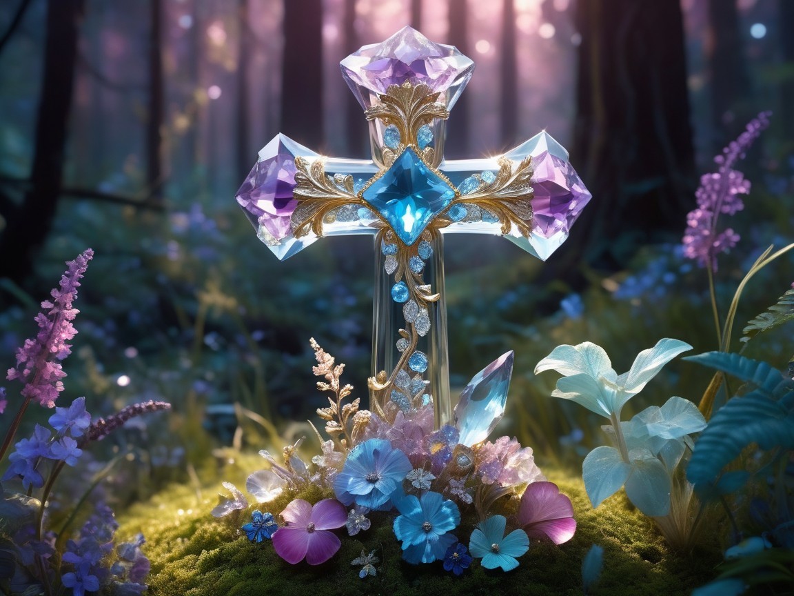 Detailed Fantasy Scene with Gemstone Cross and Flowers