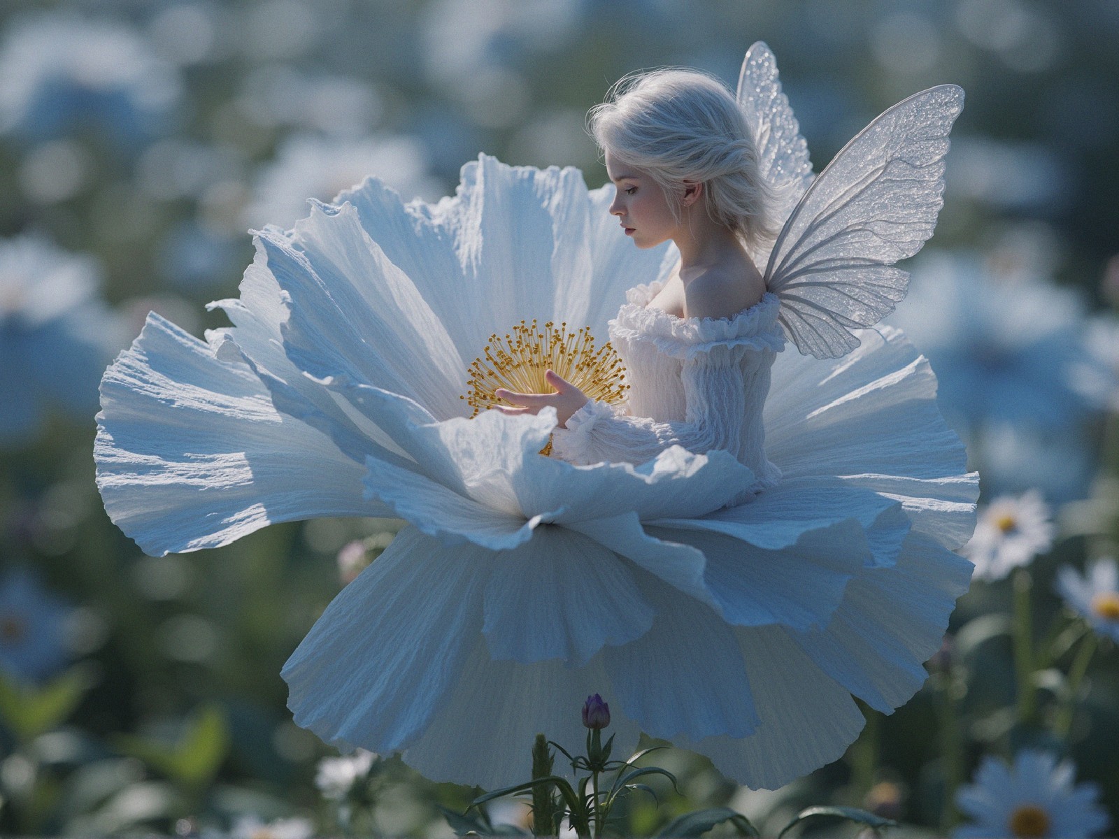 Fantasy Art of a Fairy in a White Poppy Flower
