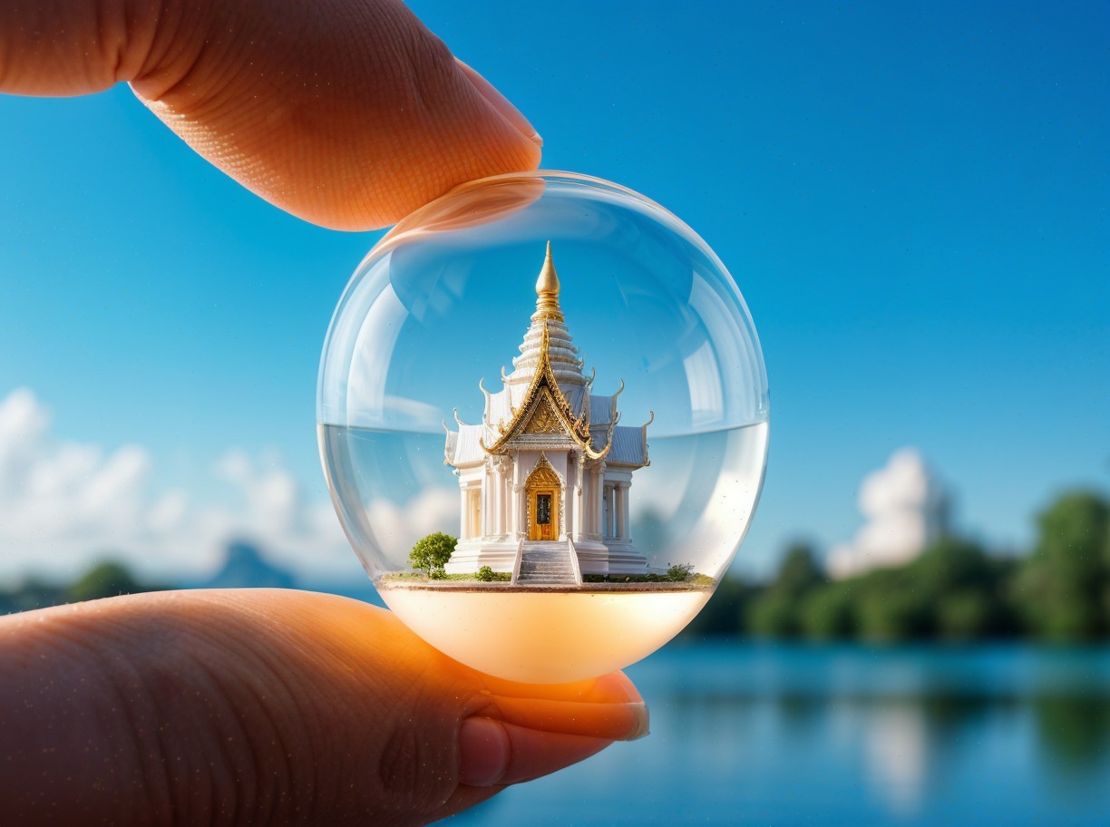 Close-up of a marble with a temple against blue sky