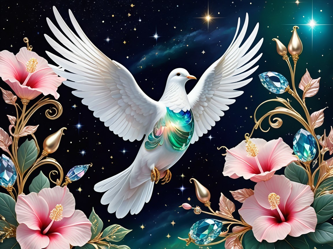 Majestic white dove in starry night with flowers and jewels