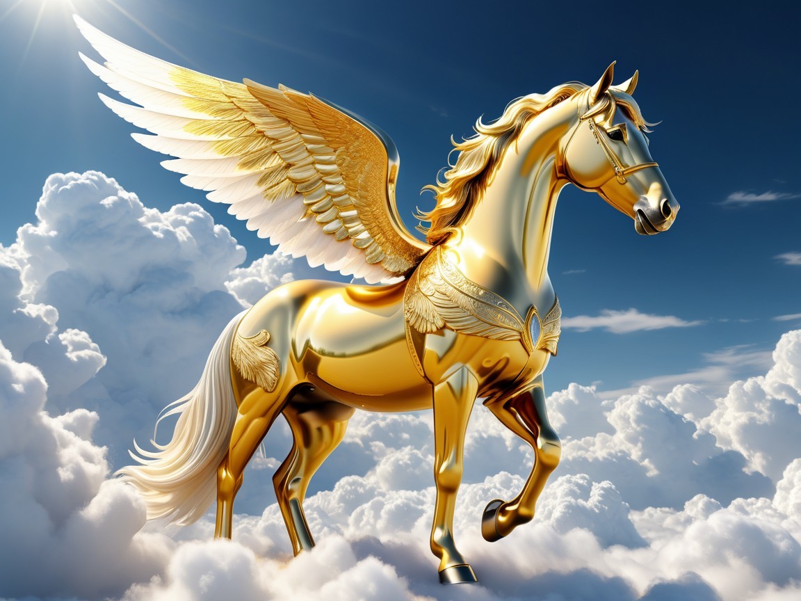 Golden Winged Horse in Fluffy White Clouds