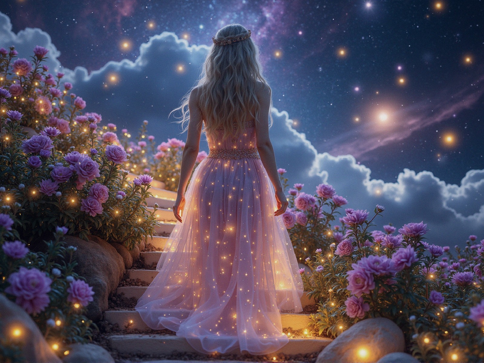 Whimsical Scene of a Woman Ascending Stone Steps