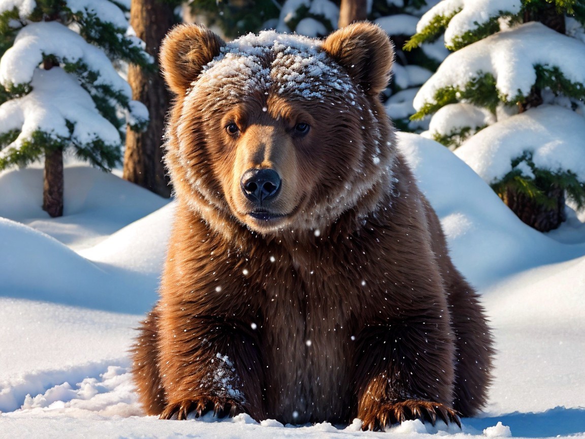 Furry Brown Bear in Snowy Forest Landscape