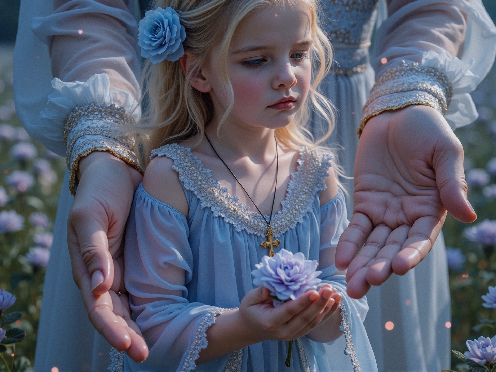 Young Girl with Purple Flower in Serene Floral Setting