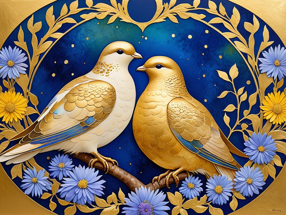 Elegant golden birds on a branch with vibrant foliage