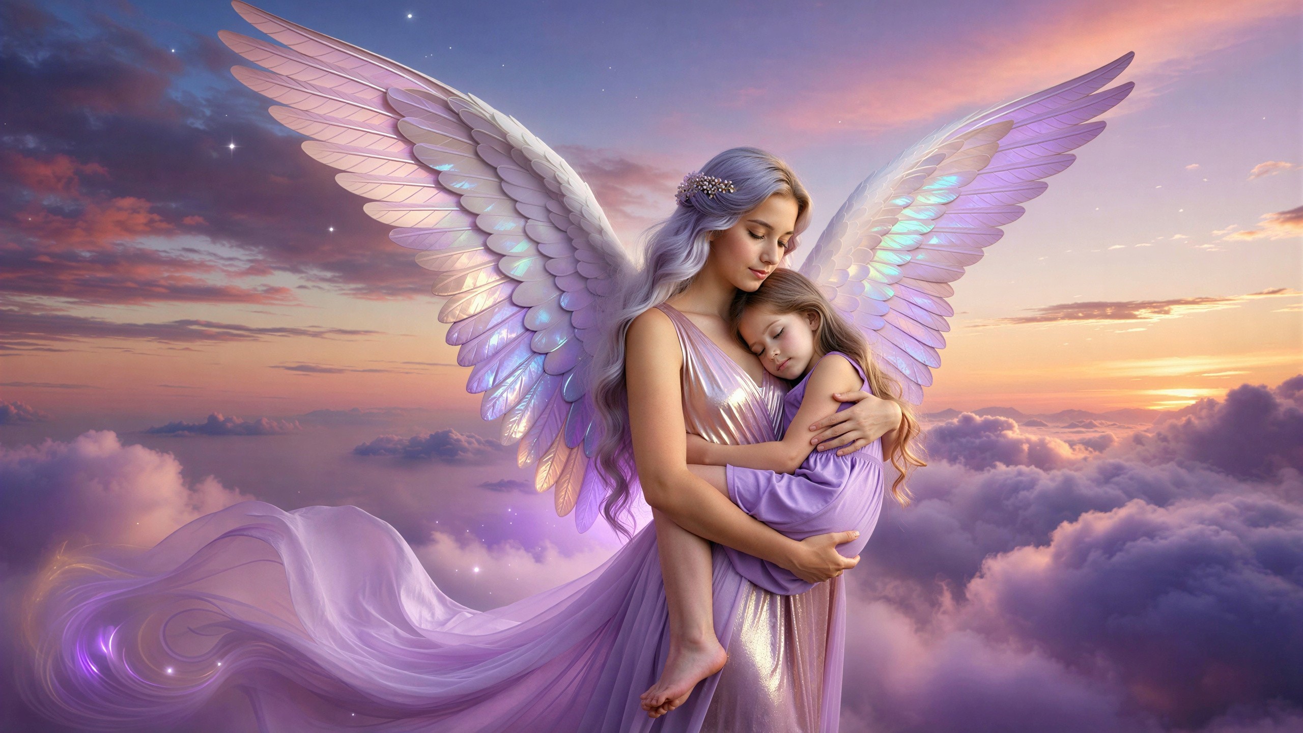 Ethereal Anime Angel Holding Sleeping Child in Gown