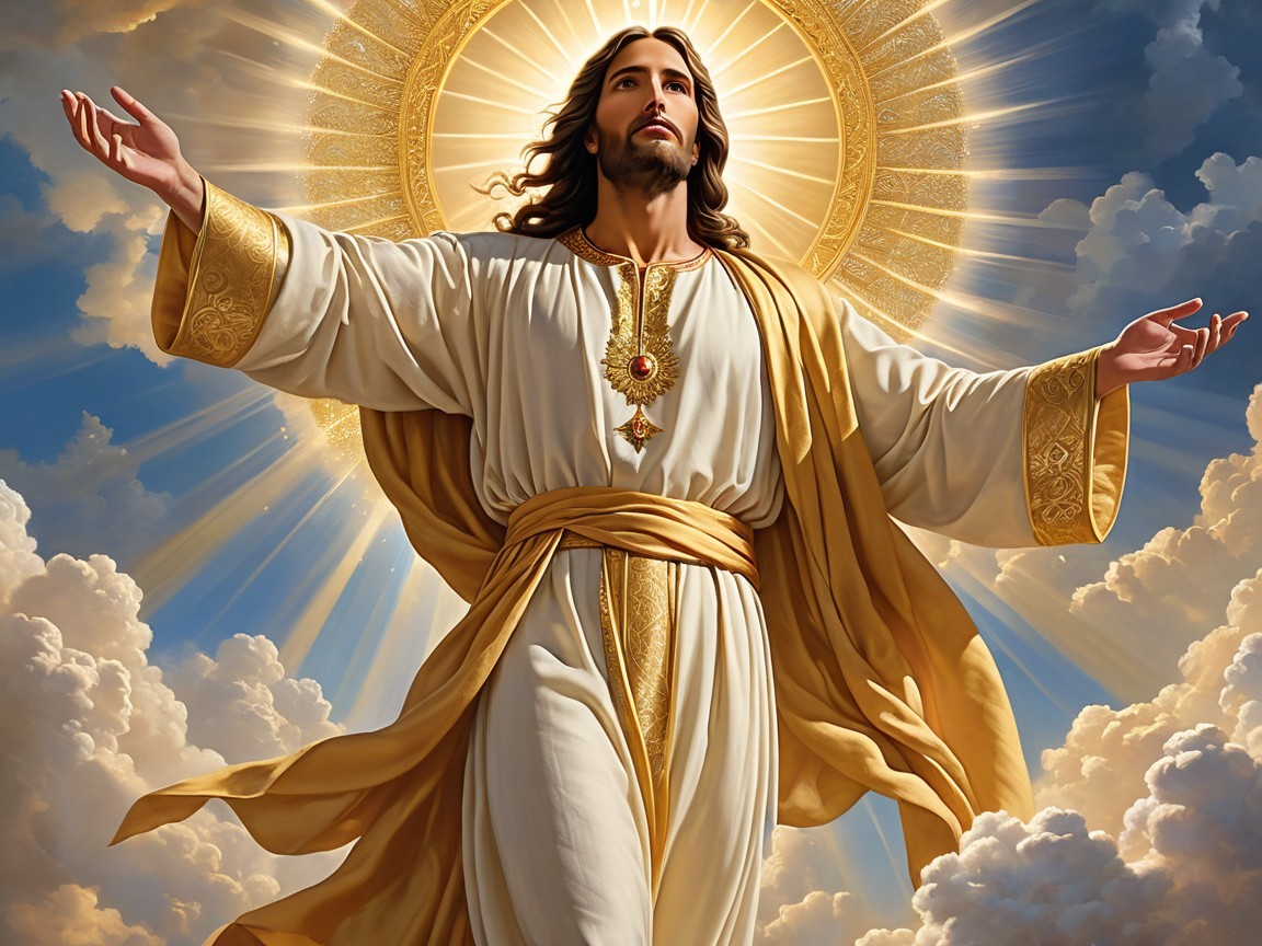 Jesus Christ Figure in White Robe Surrounded by Clouds