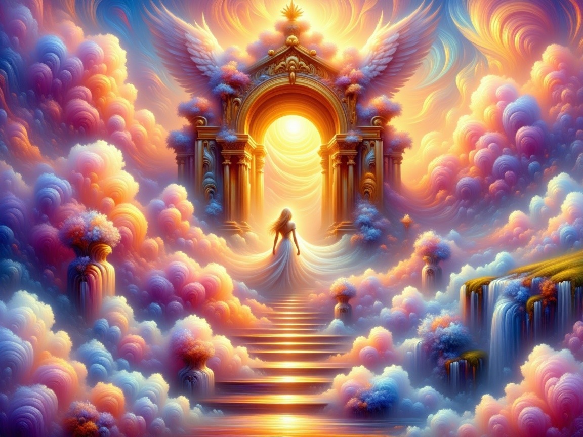 Figure in White Attire Before Radiant Archway and Waterfalls