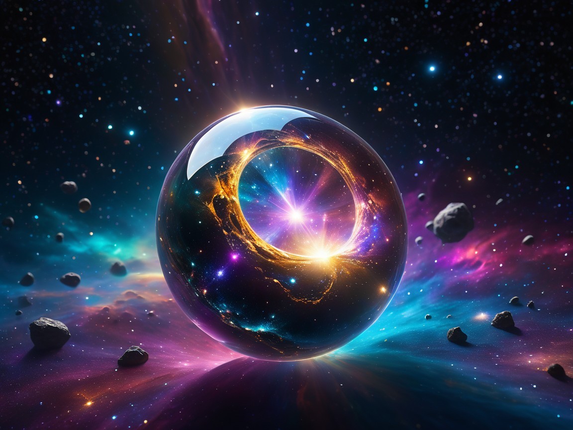 Luminous Orb Surrounded by Cosmic Colors and Stars