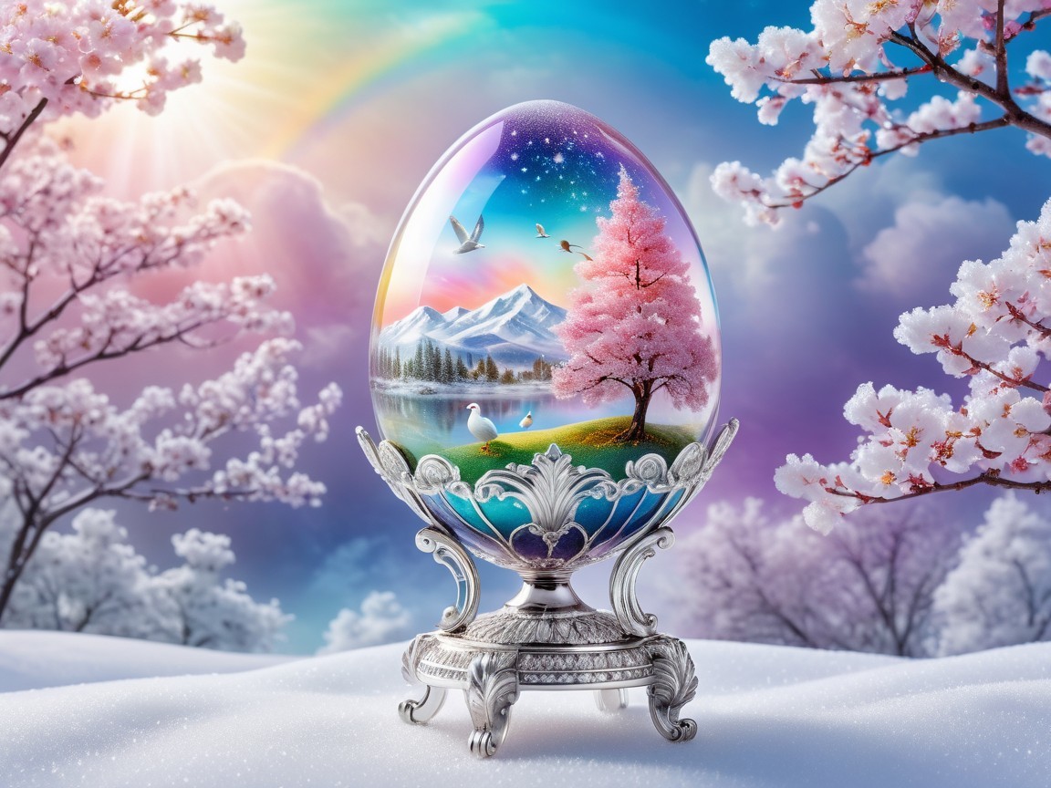 Painted Egg on Silver Pedestal in Winter Landscape