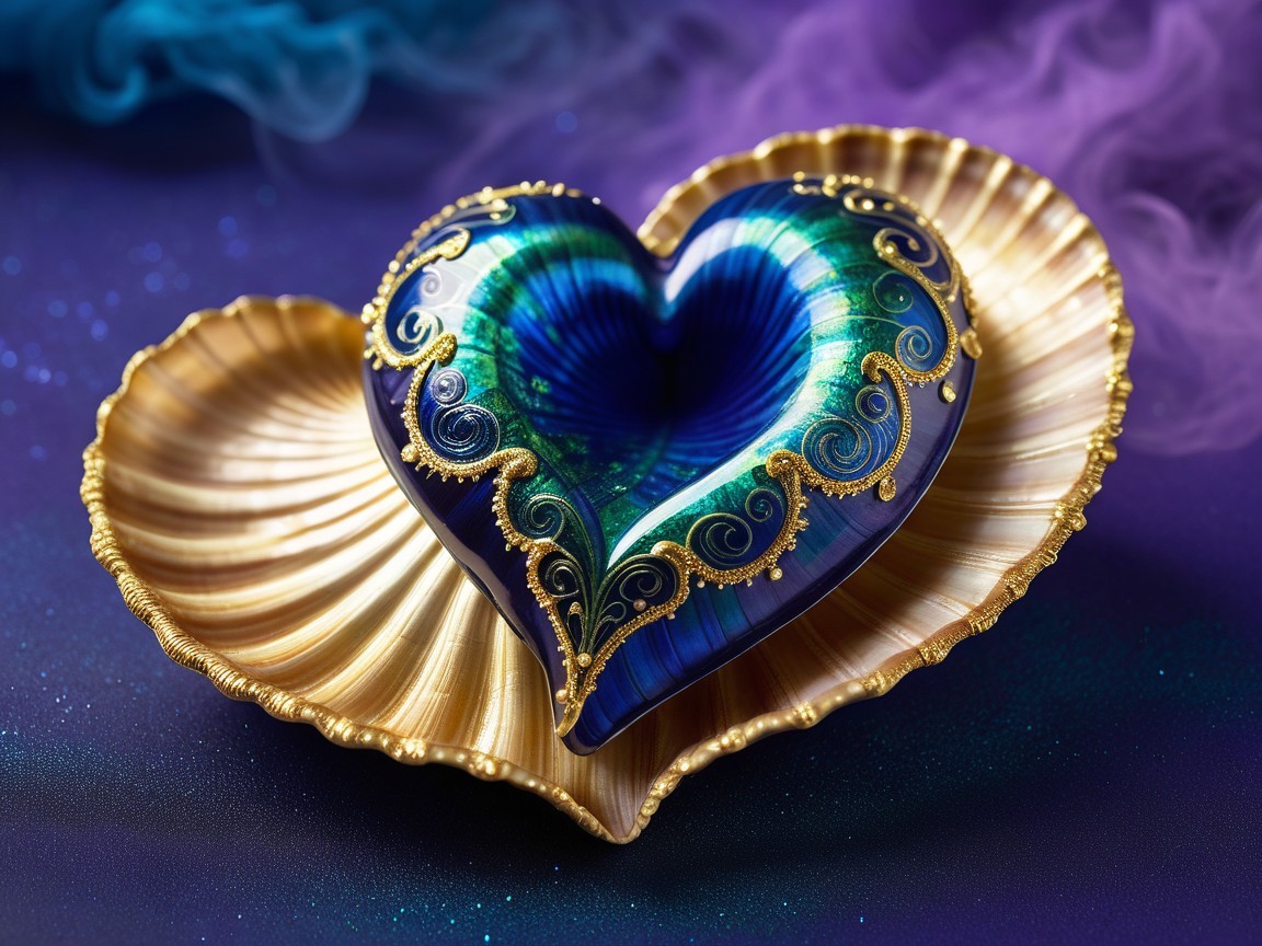 Heart-Shaped Shell on Golden Shell with Purple Background