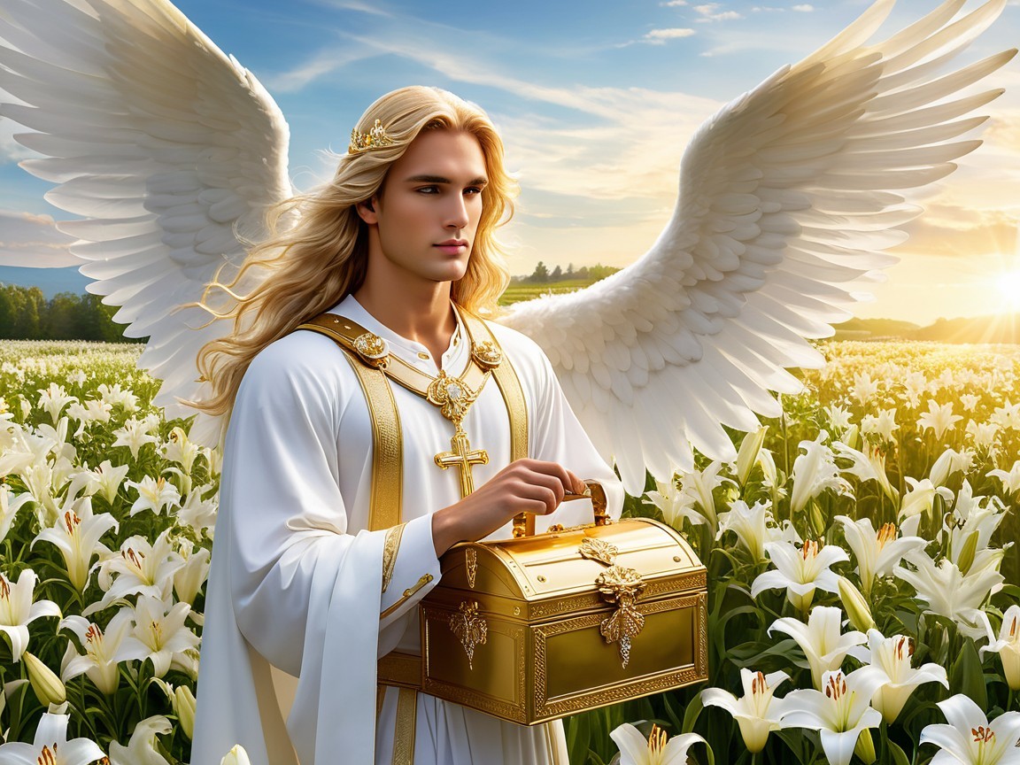 Serene angel in a field of white lilies with golden chest