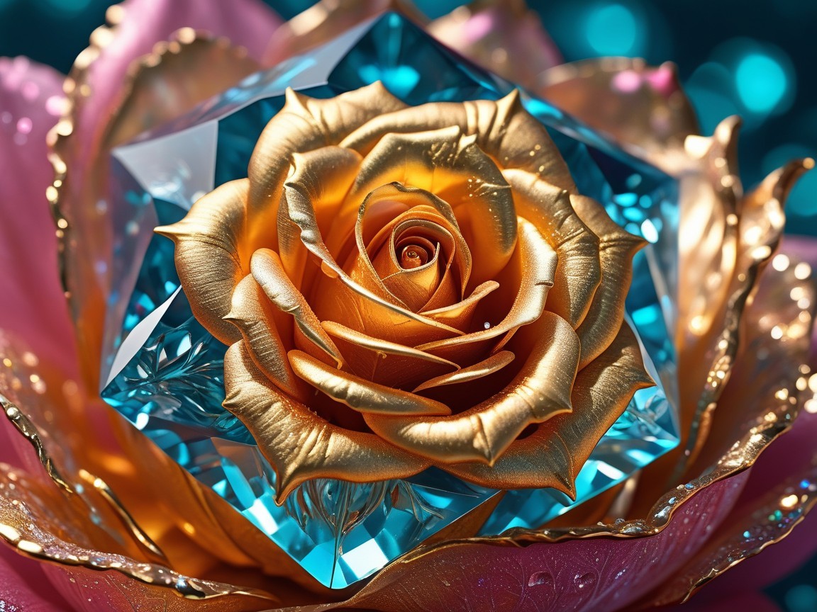 Close-up of a golden rose with cyan diamond accents