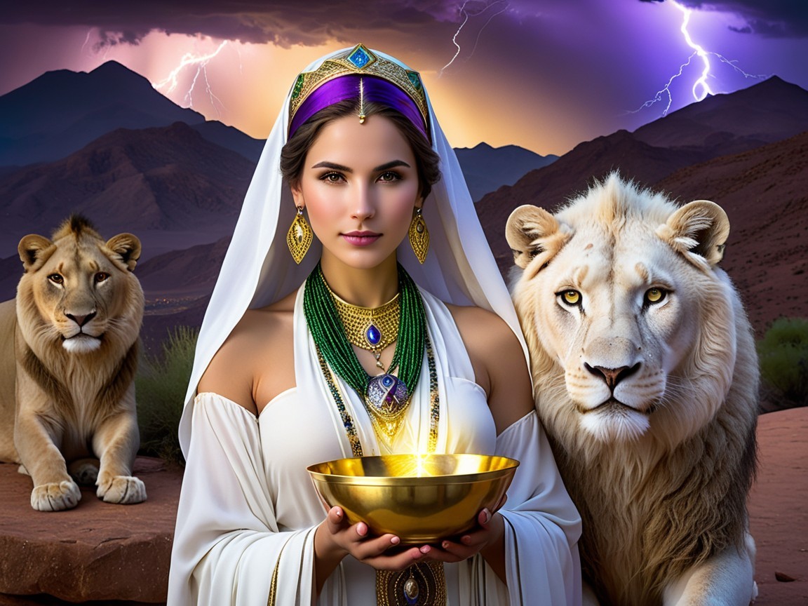 Regal Woman with Lions in a Mountain Landscape