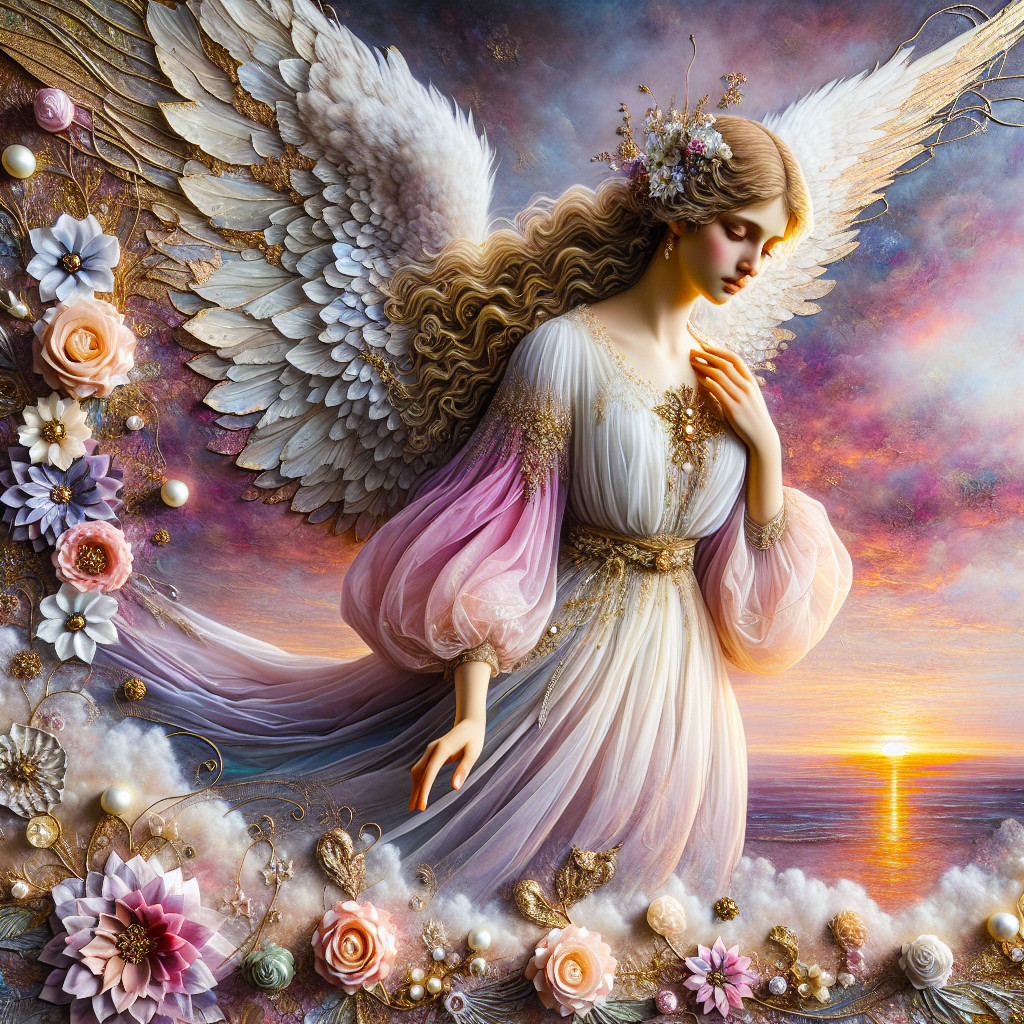 Serene angel with golden hair and elegant gown at sunset