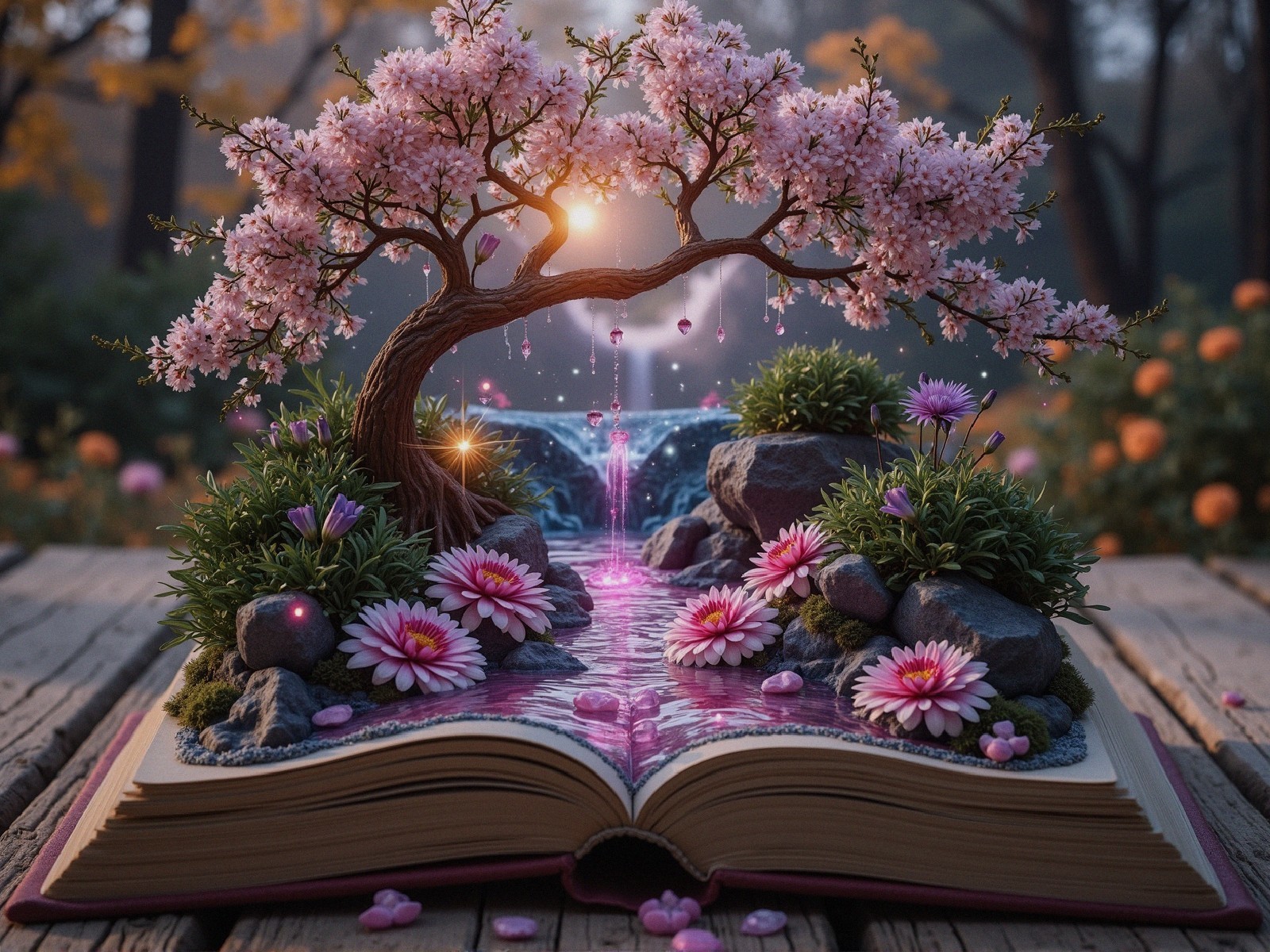 Cherry Blossom Tree and Waterfall in Enchanted Scene