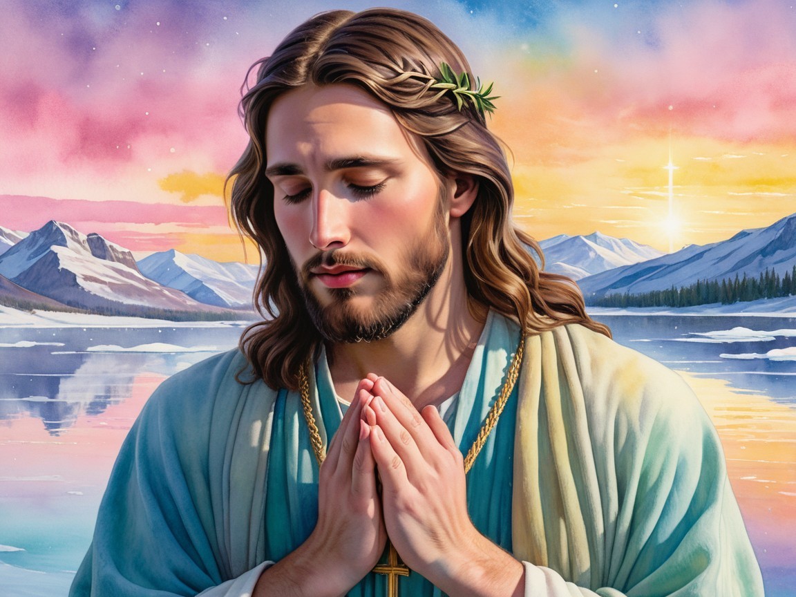 Serene Figure in Prayer with Tranquil Landscape