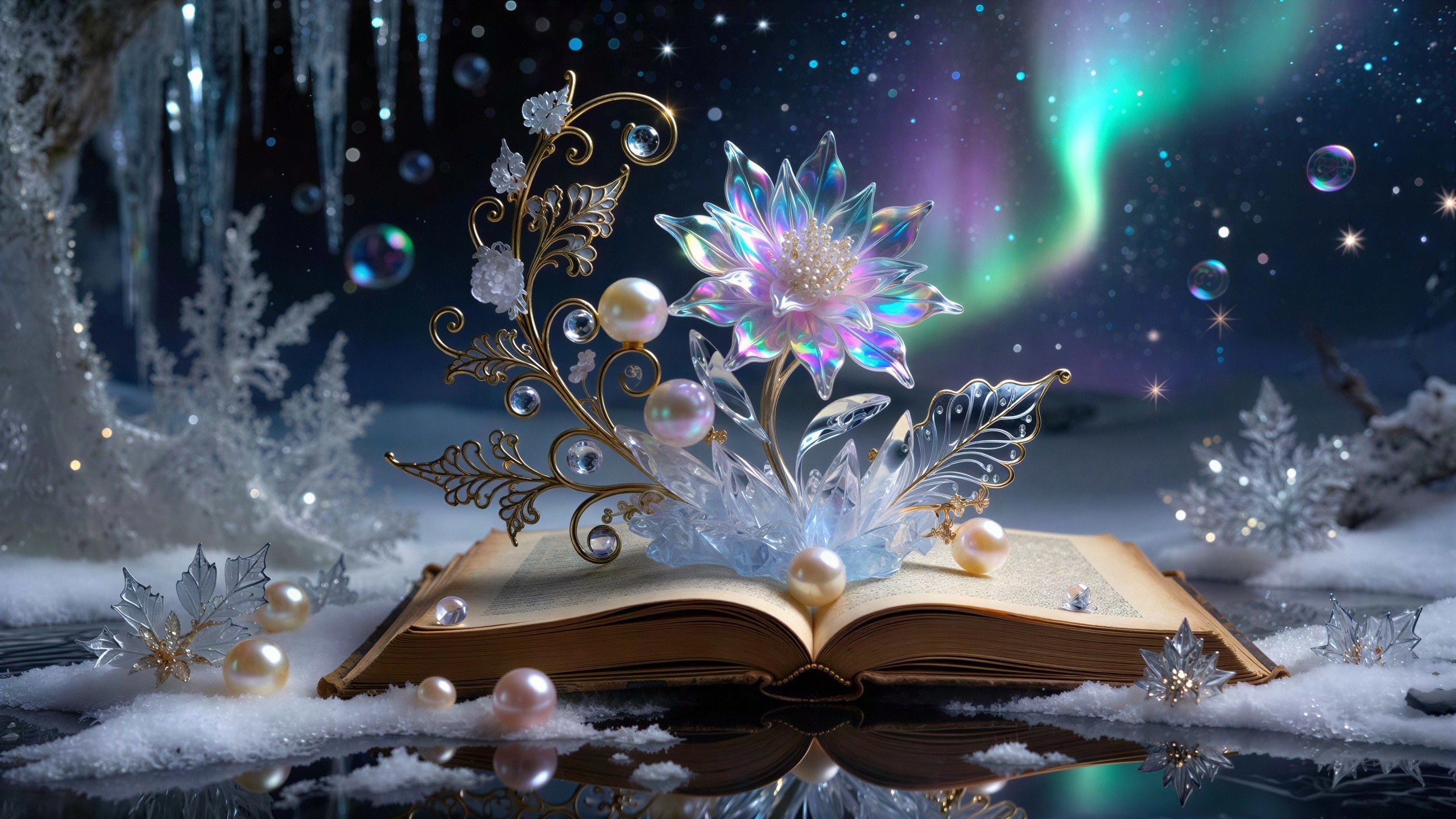 Open Book in a Winter Wonderland with Crystal Flower