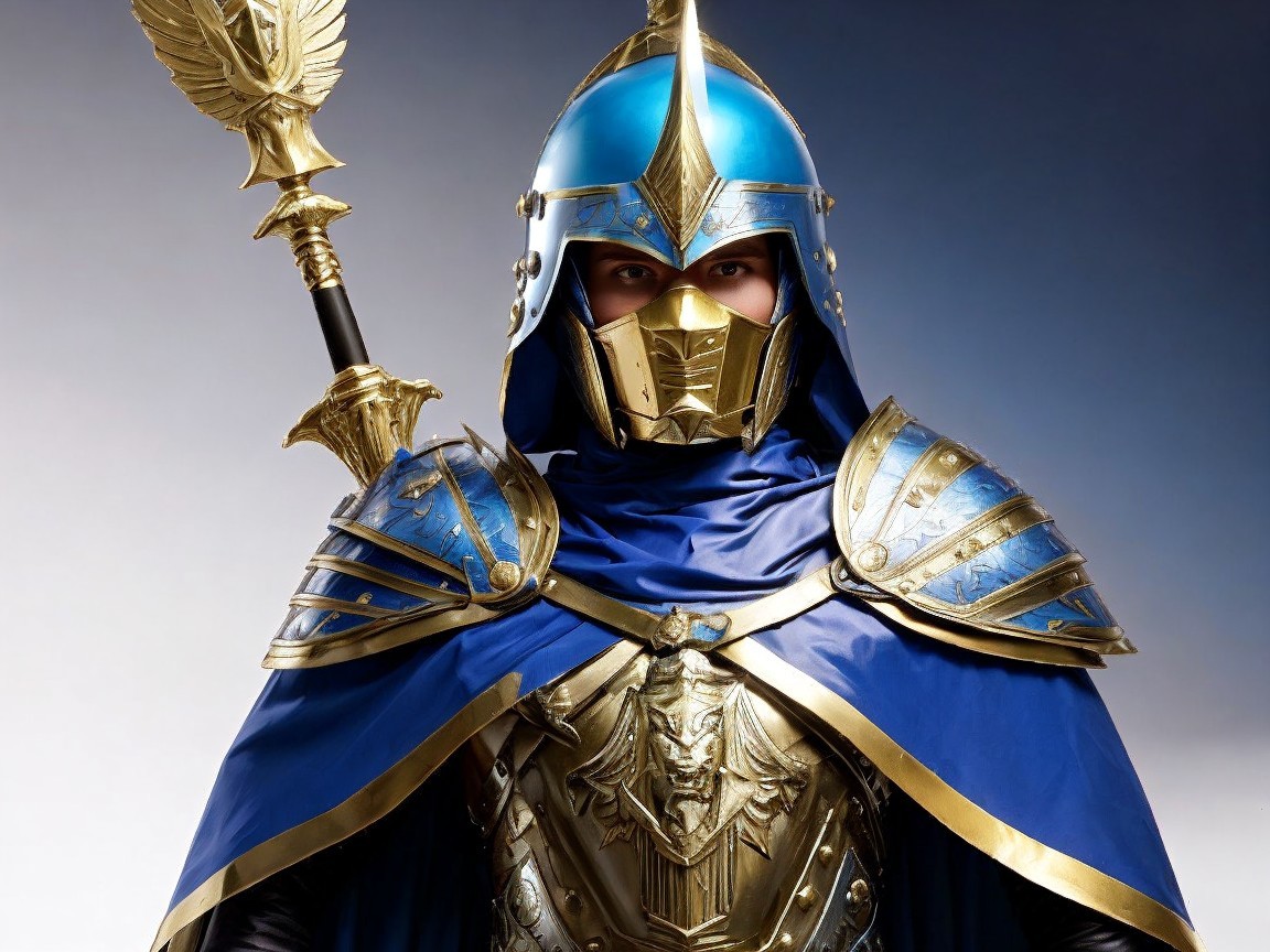 Ornate Blue and Gold Armor Warrior with Spear