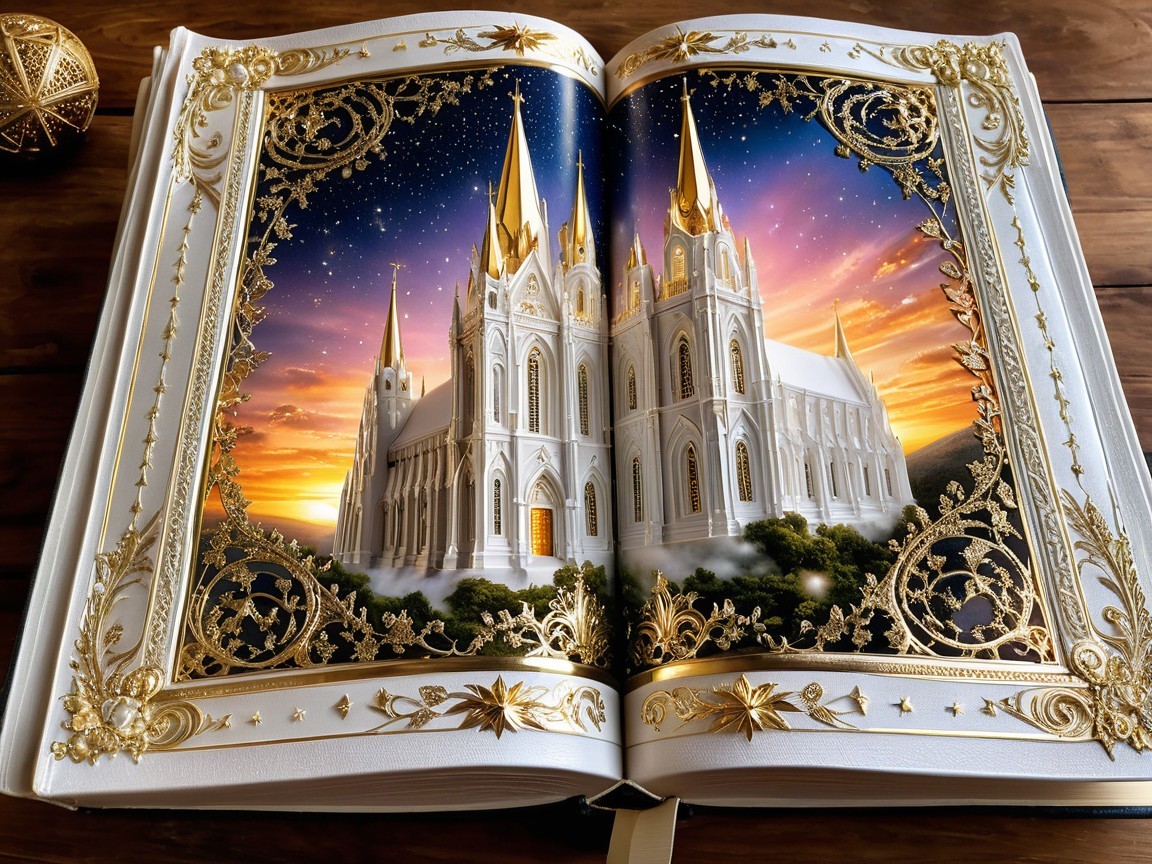 Ornate Book Illustration of a Majestic Castle at Sunset