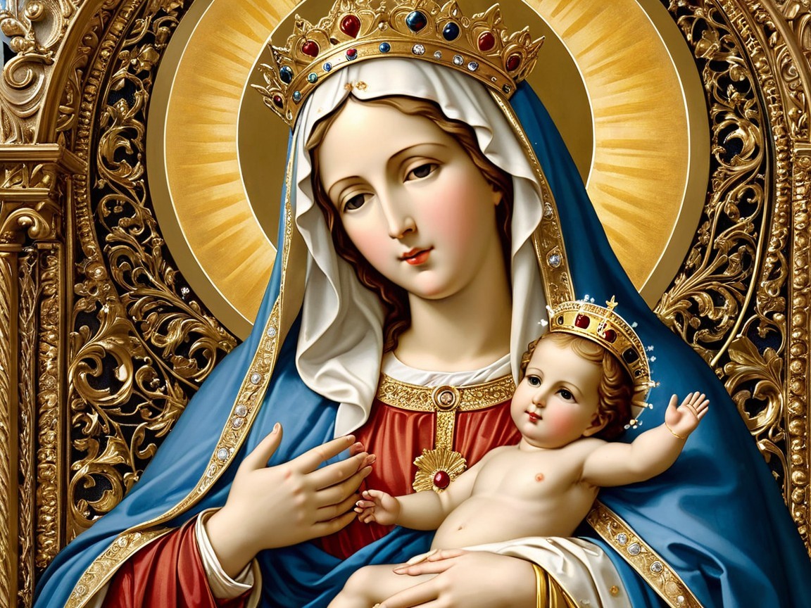 Ornate Painting of Virgin Mary and Baby Jesus