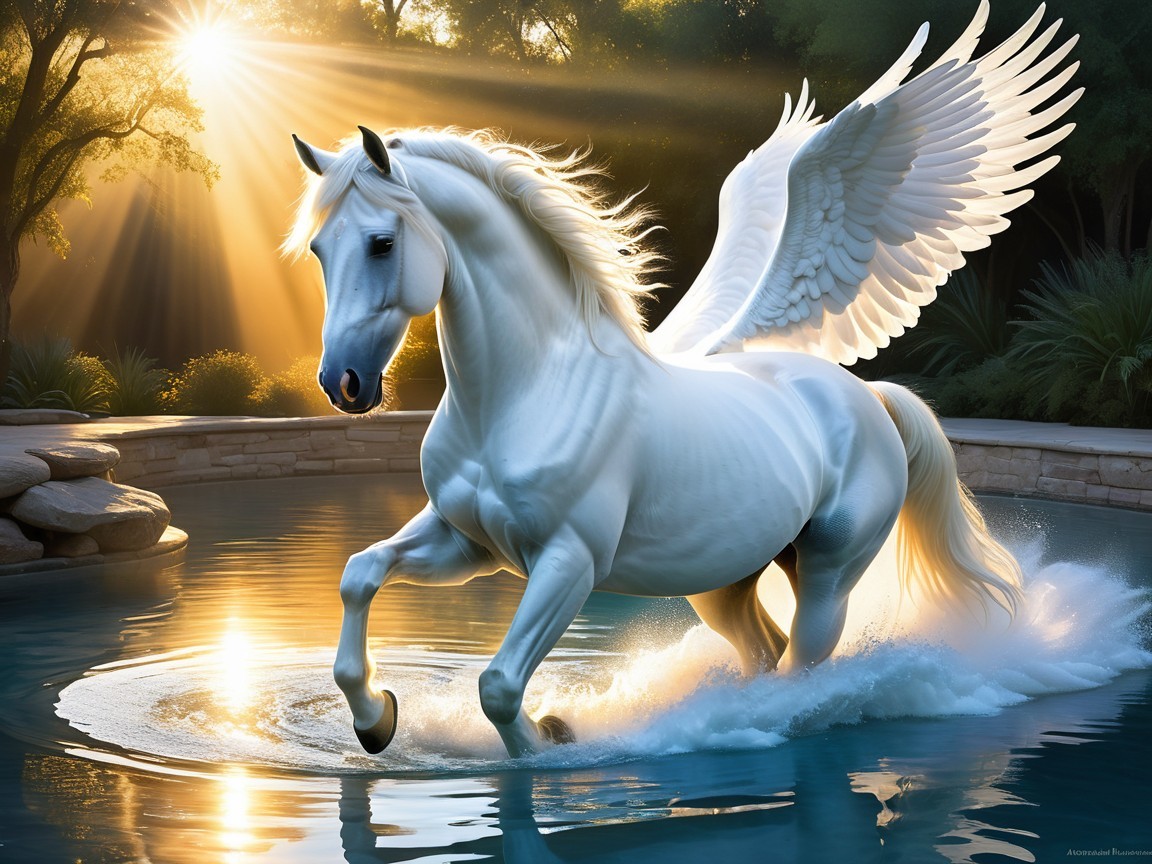 Majestic winged horse splashing in serene pool