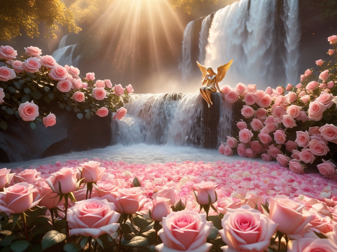 Serene Waterfall with Pink Roses and Fairy Presence