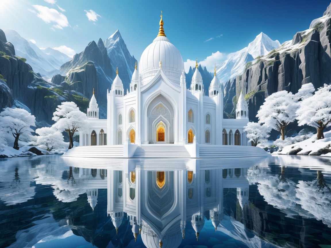 White Temple by Tranquil Lake and Snowy Mountains