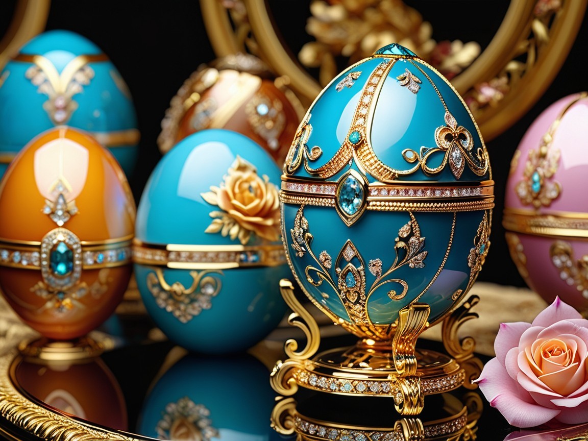 Ornate Fabergé-style eggs with turquoise centerpiece