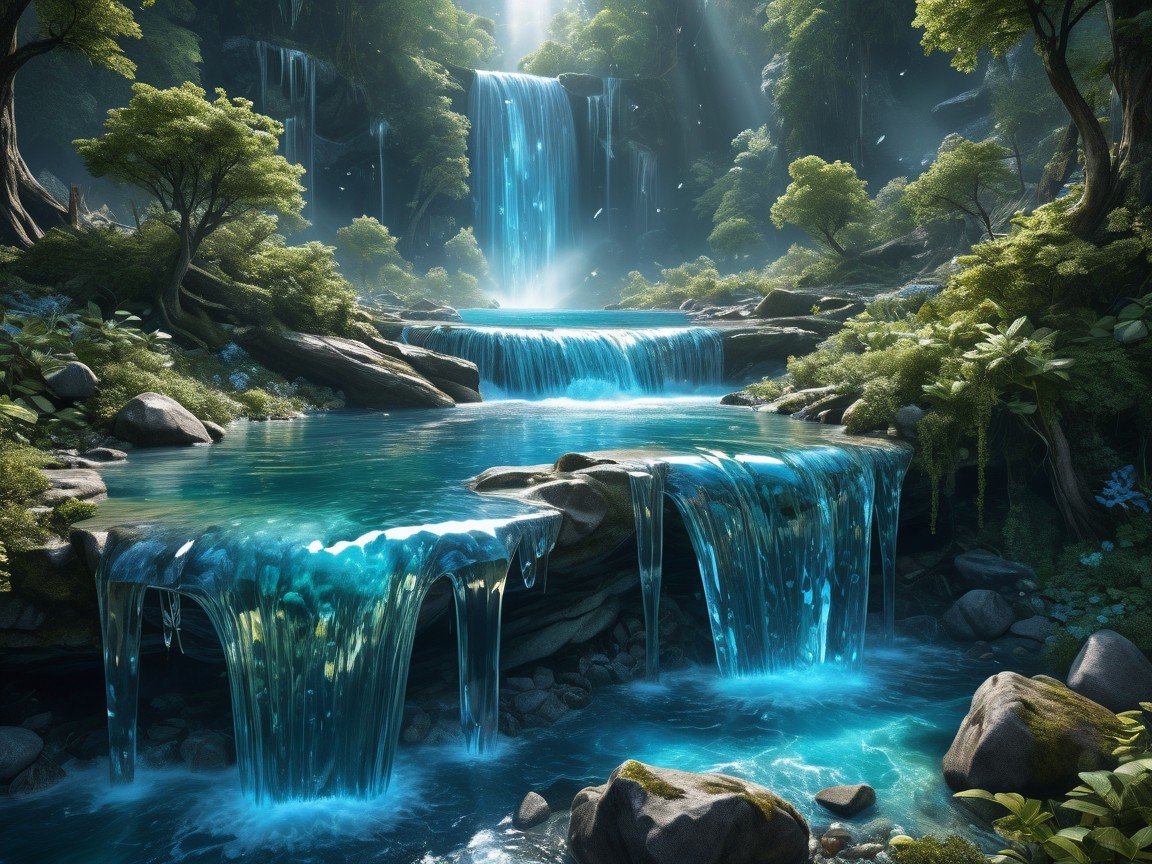 Cascading Waterfalls in a Lush Green Landscape