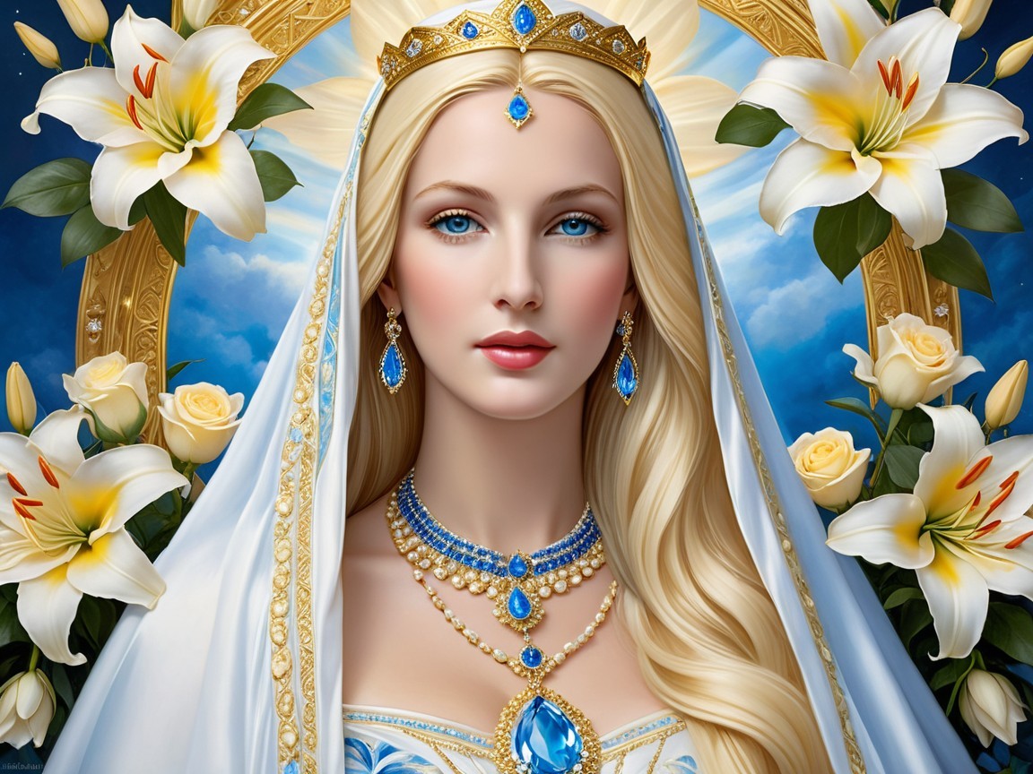 Serene figure with crown and jewelry in blue tones