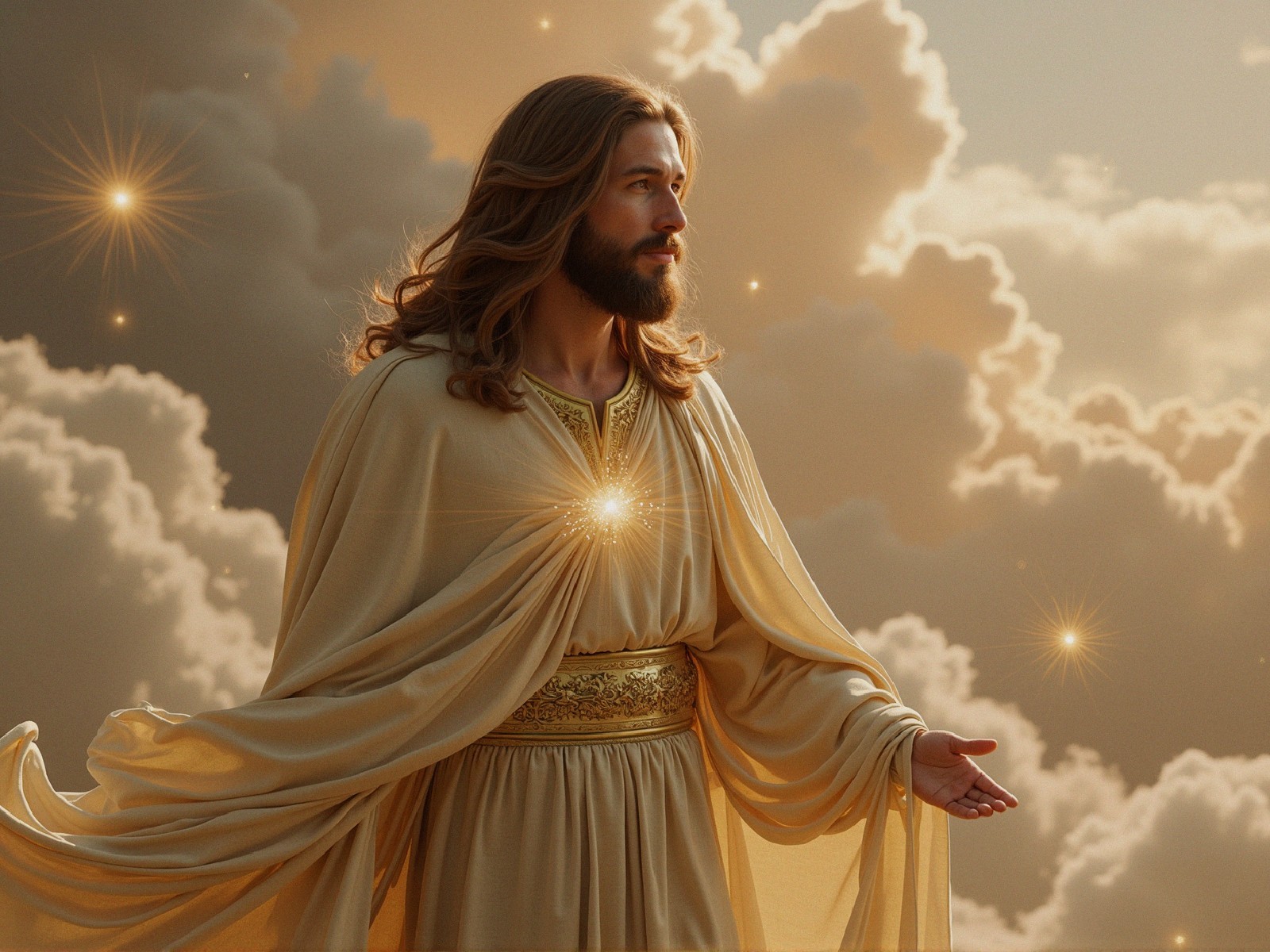 Serene figure in flowing robe amidst radiant clouds