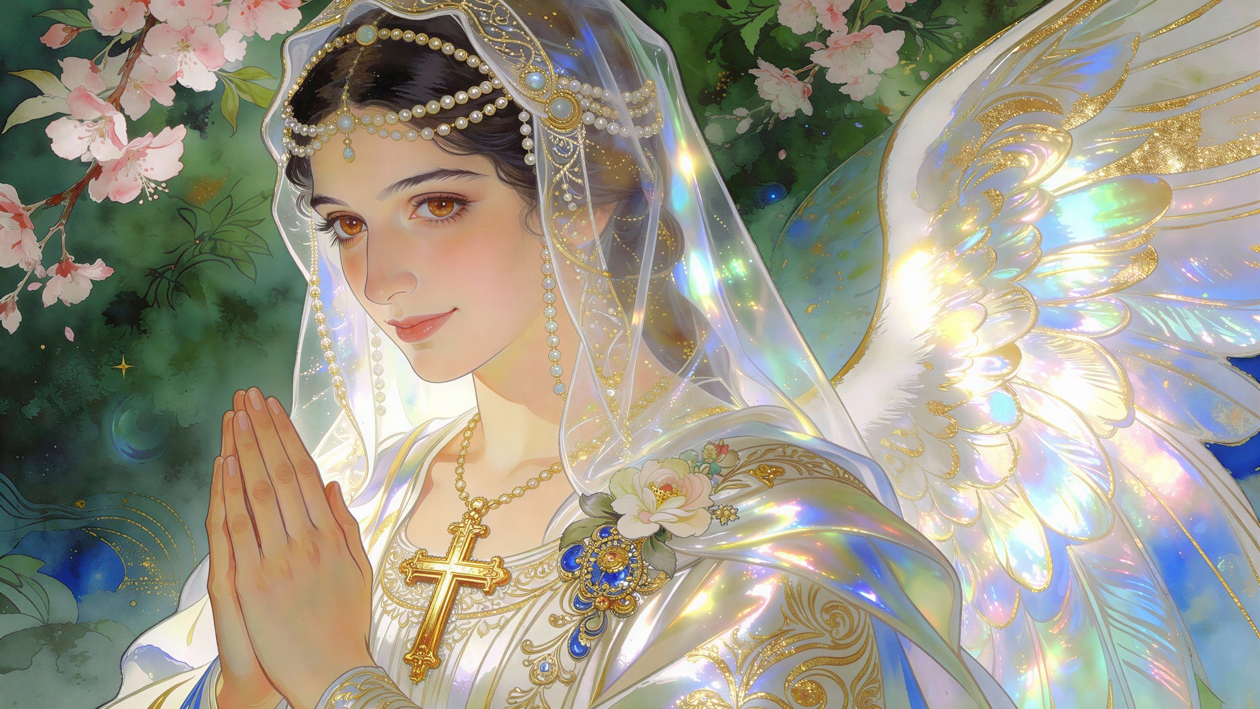 Anime-style Illustration of a White-Haired Angel Woman