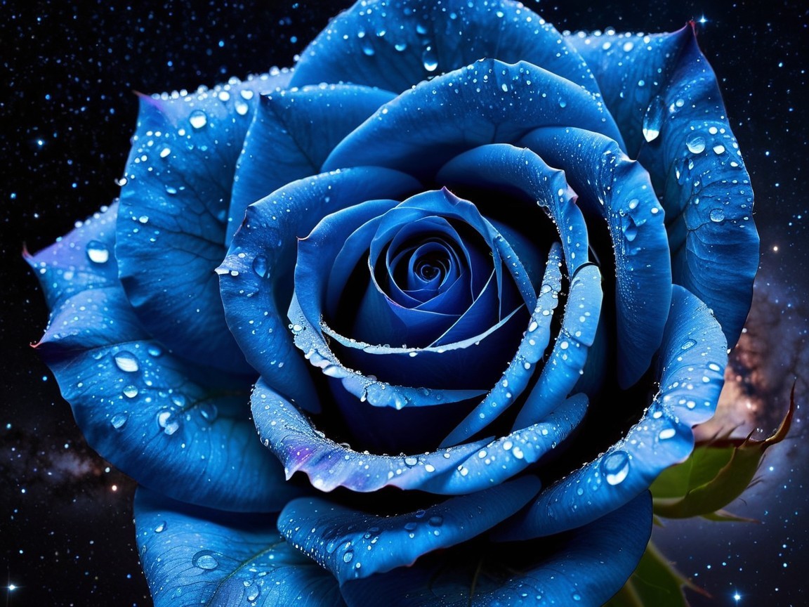 Blue Rose with Water Droplets Against Cosmic Background