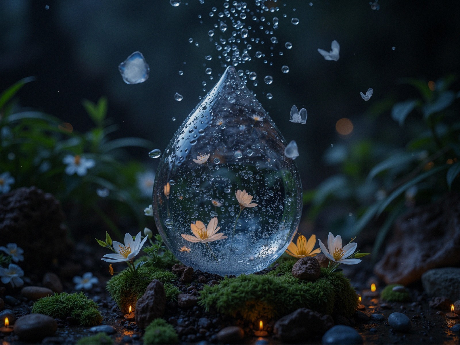 Close-up of Water Droplet on Moss at Night