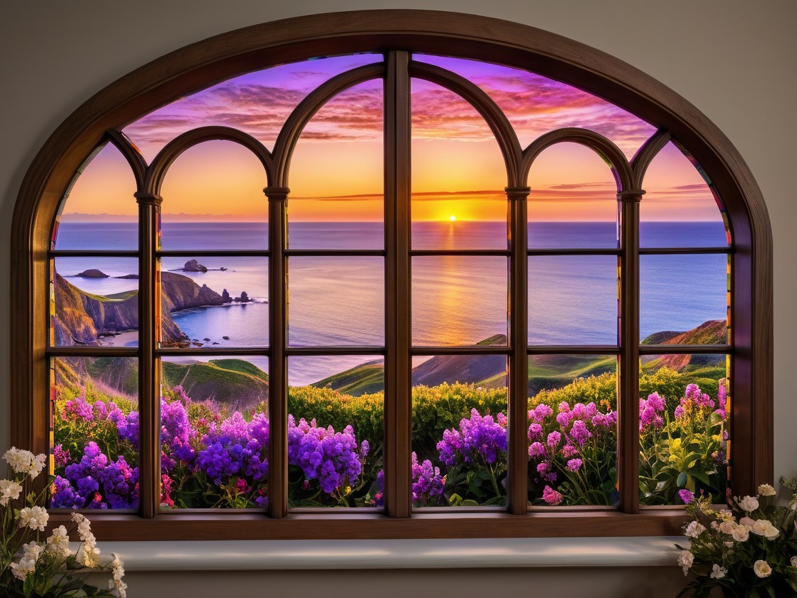Ornate Window View of Sunset Over Tranquil Sea