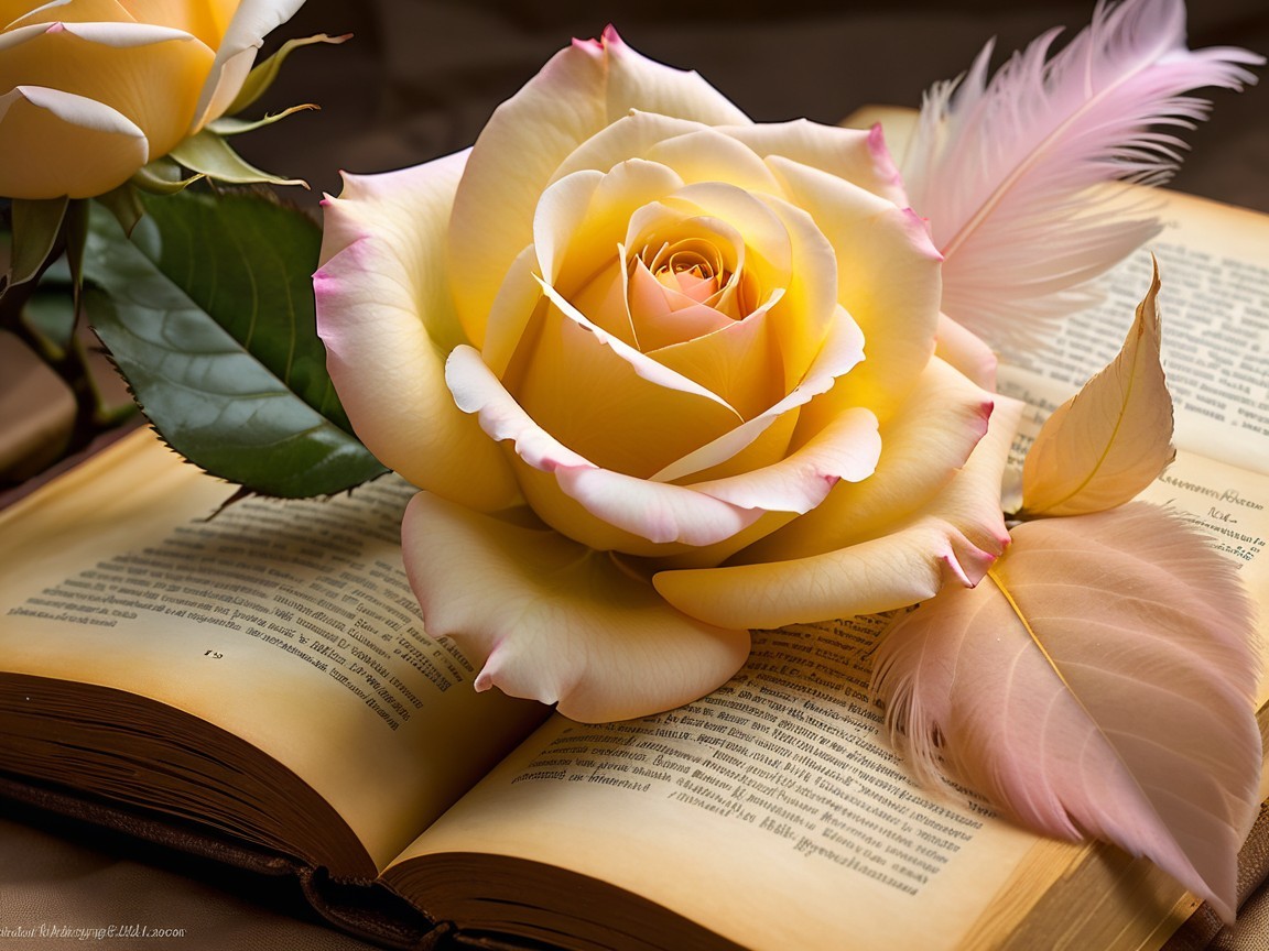 Yellow Rose and Feather on an Open Book