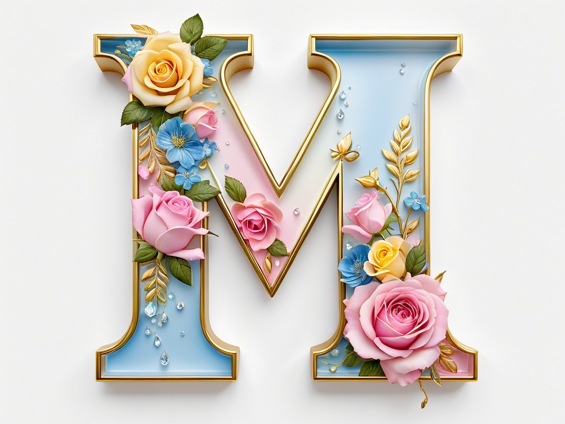 Letter "M" Decorated with 3D Roses and Gold Frame