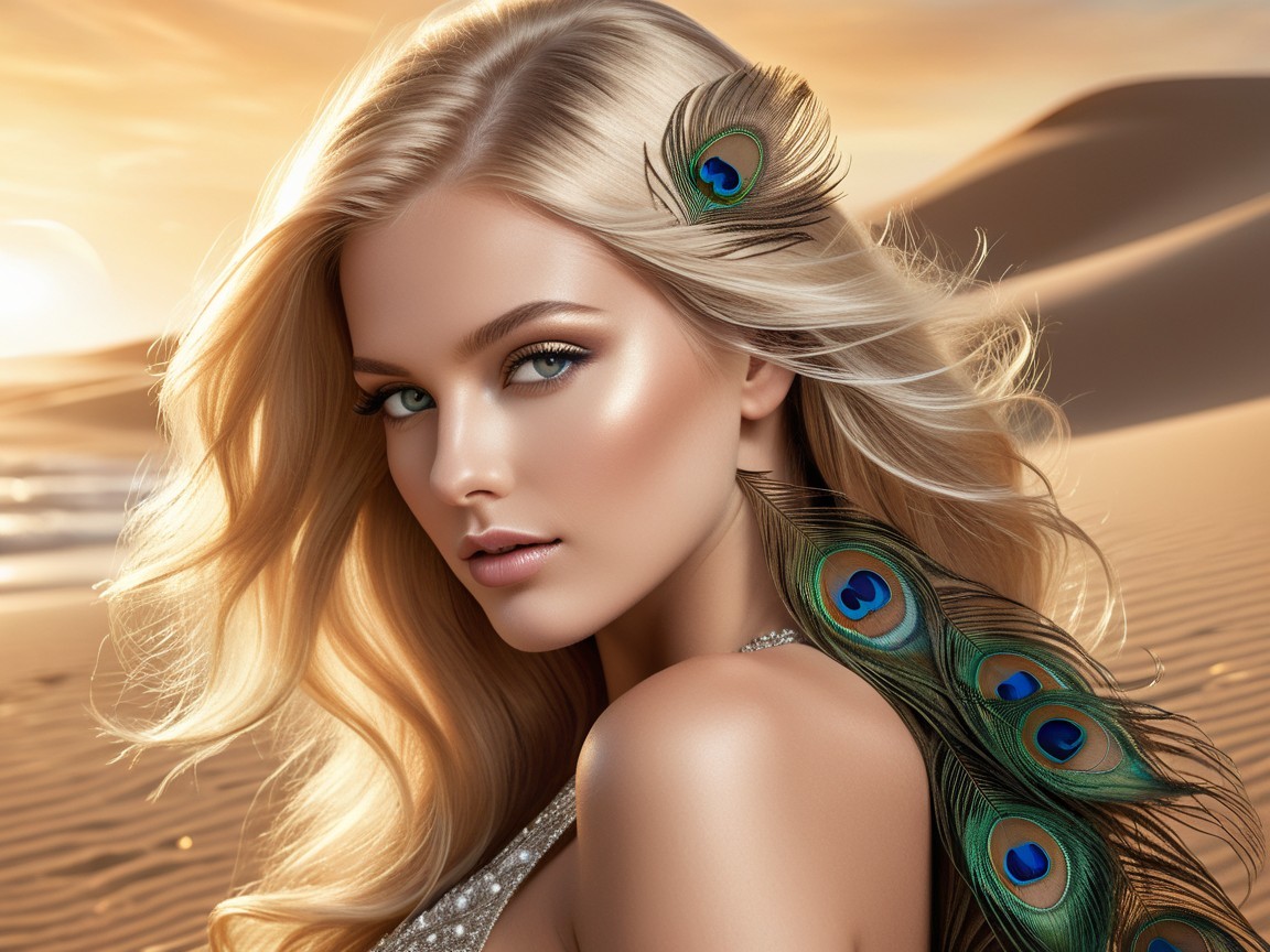 Portrait of a woman with blonde hair and peacock feather