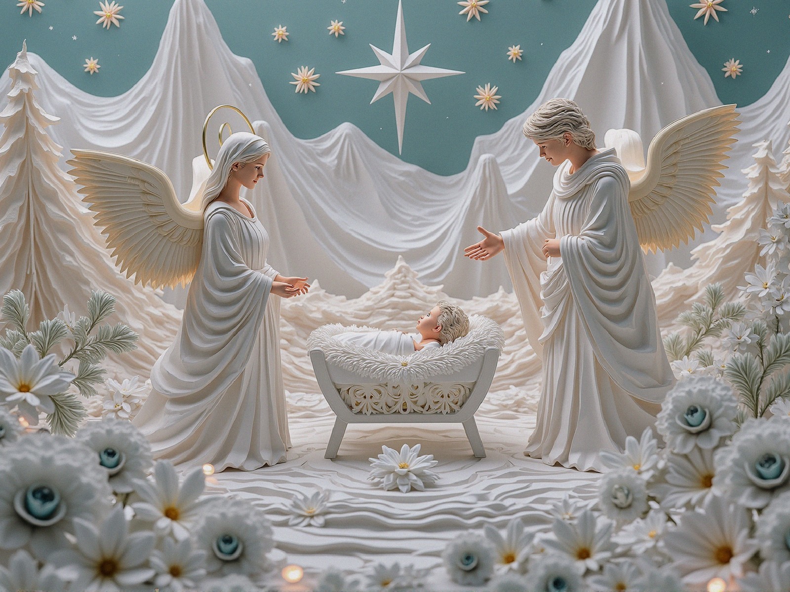Angels and Baby in White Clay Winter Wonderland Scene