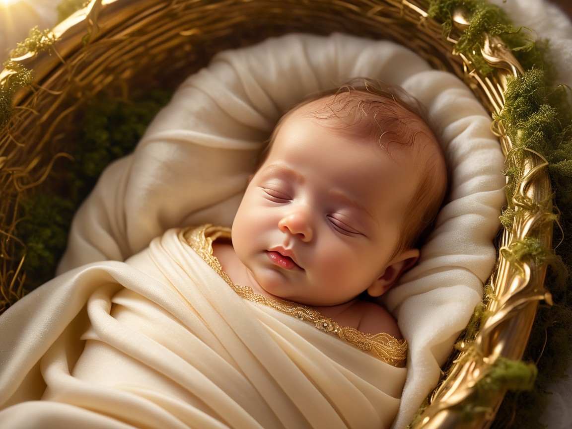 Sleeping Baby in Cream Blanket Nestled in Woven Basket