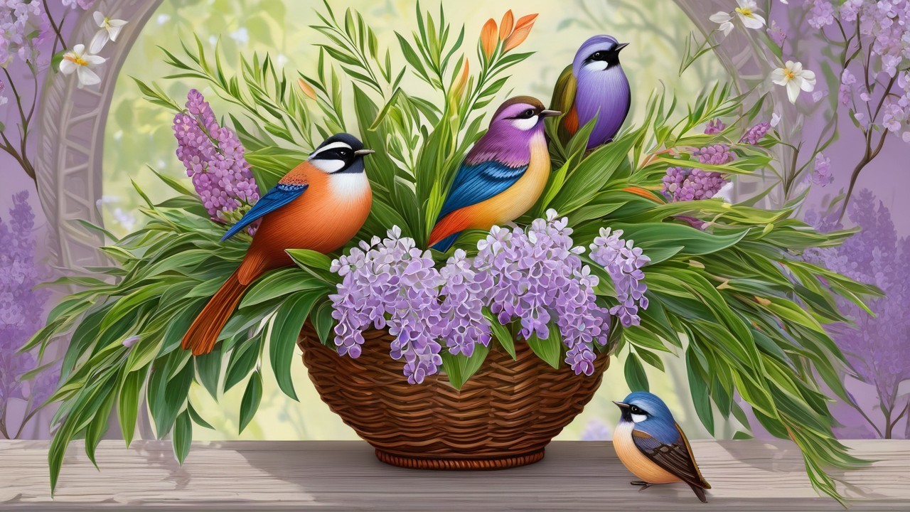 Colorful Birds in a Basket Surrounded by Foliage