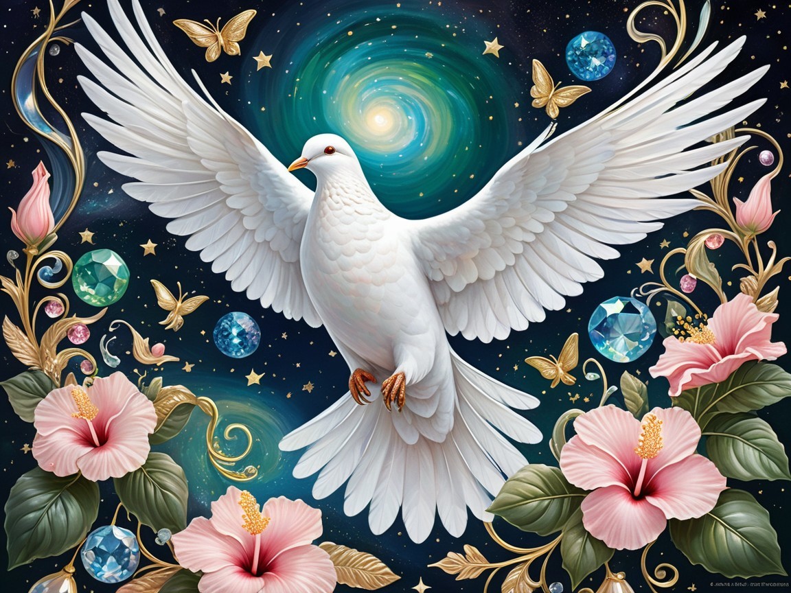 White Dove Against Cosmic Backdrop with Flowers and Butterflies