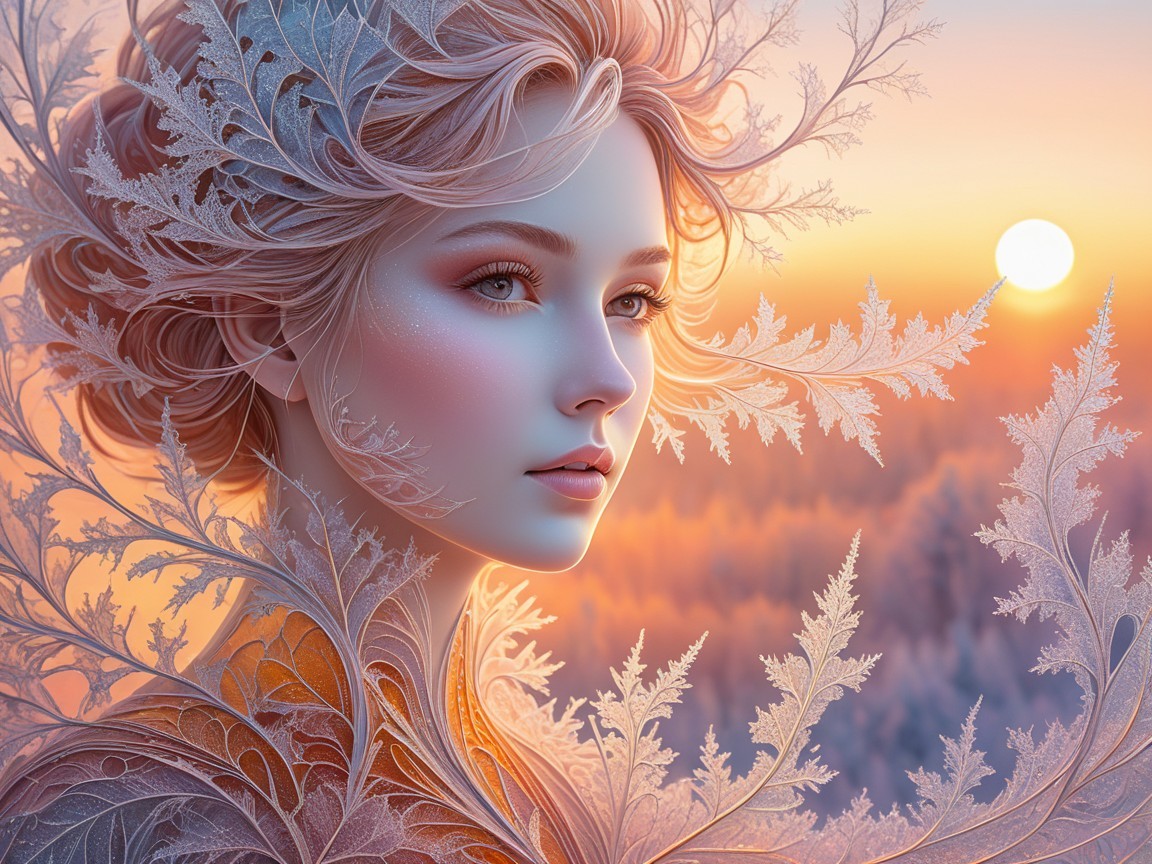 Serene Female Figure with Frost-Like Foliage at Sunset