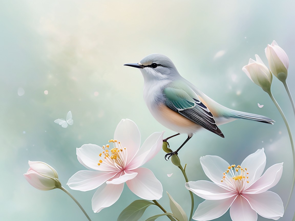 Bird on Flower with Pastel Background and Butterfly