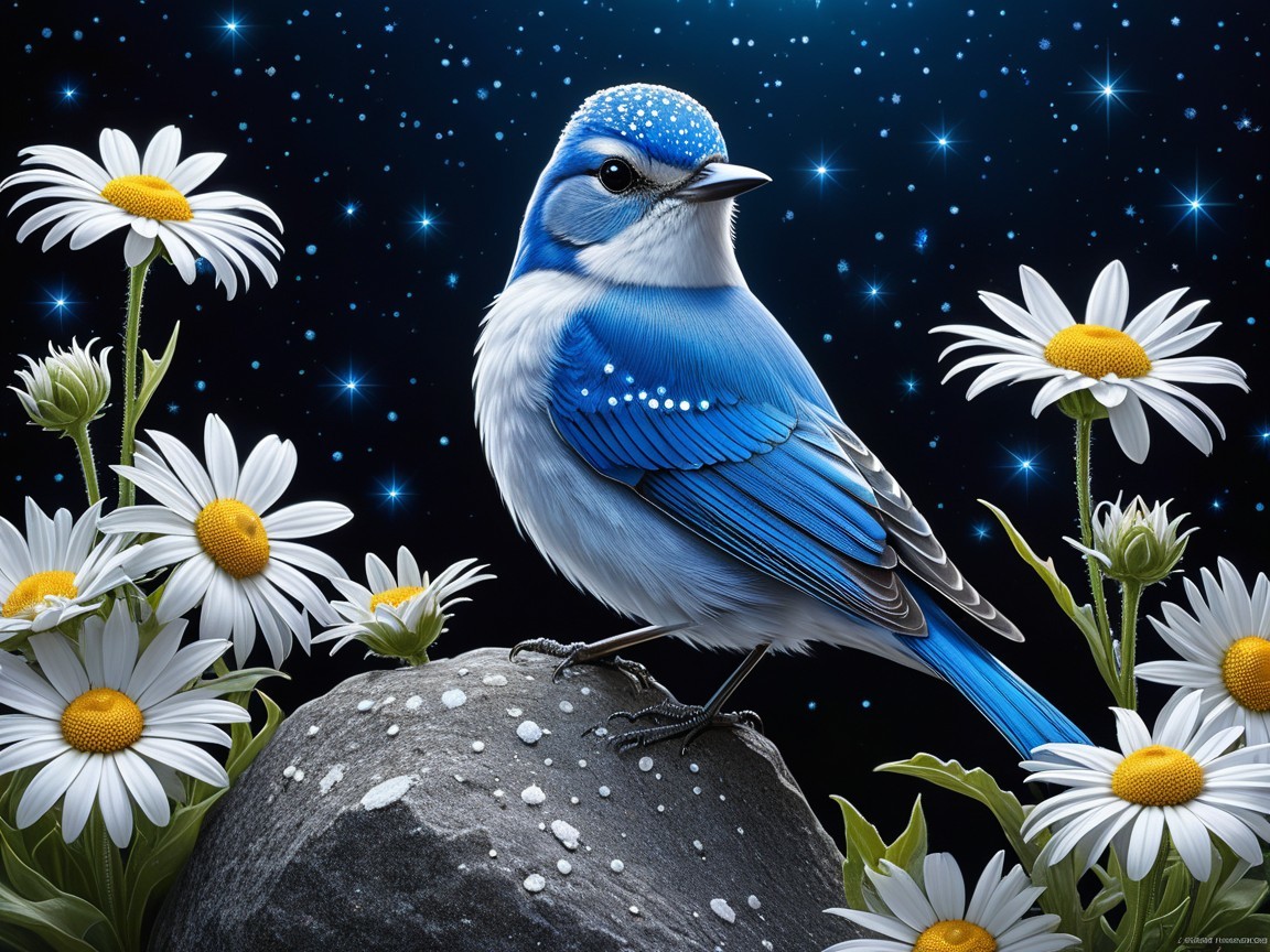 Blue Bird on Gray Rock Surrounded by Daisies at Night