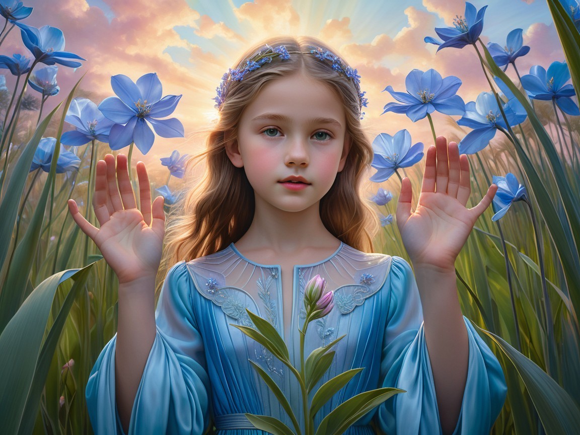 Young girl in a field of vibrant blue flowers