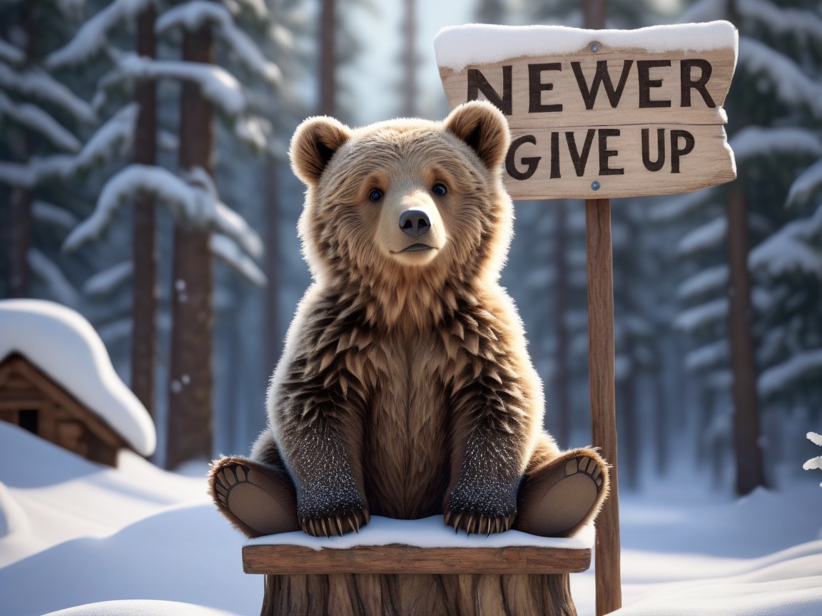 Brown Bear Cub on Stool in Snowy Forest Setting