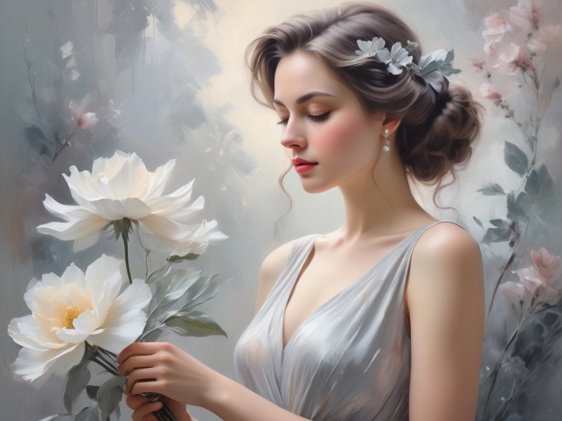 Serene Woman in Silver Gown with White Peonies